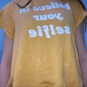 Yellow with speckled bleach spots cropped shirt “believe in your selfie”